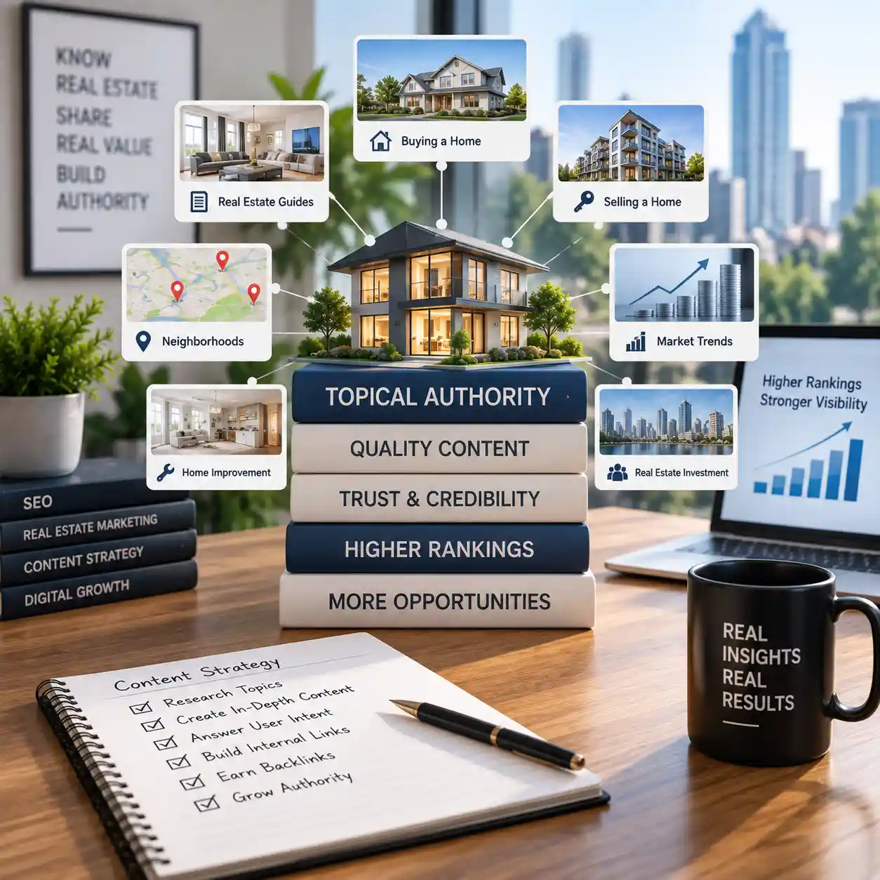Person researching real estate content on a laptop