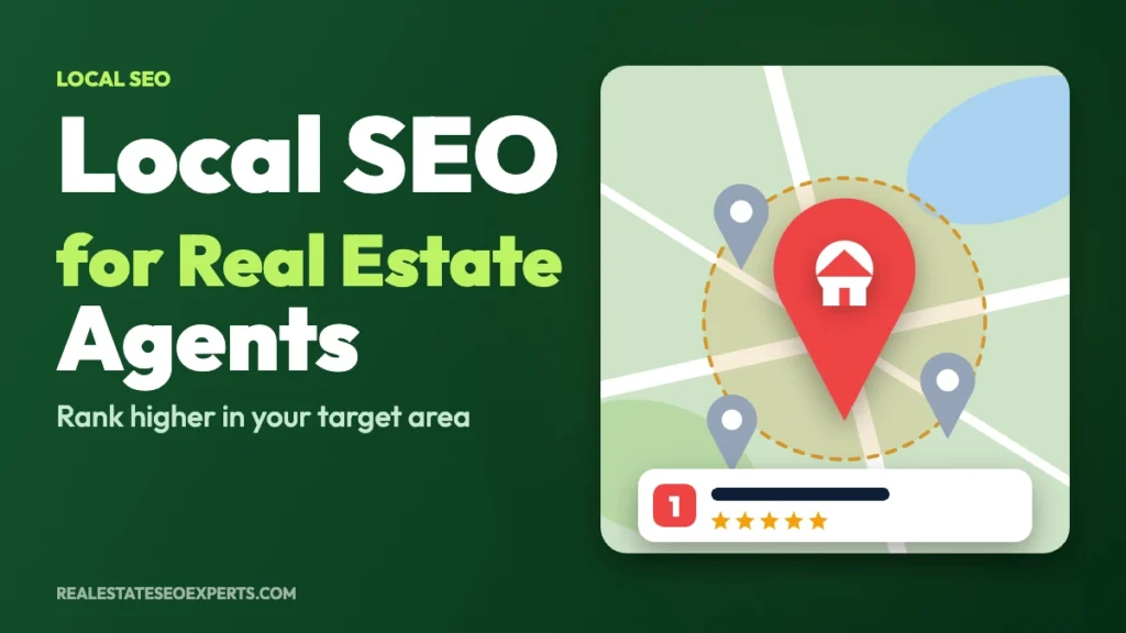 Local SEO for real estate agents cover with a map, a large house pin in the target area and a number one map pack listing