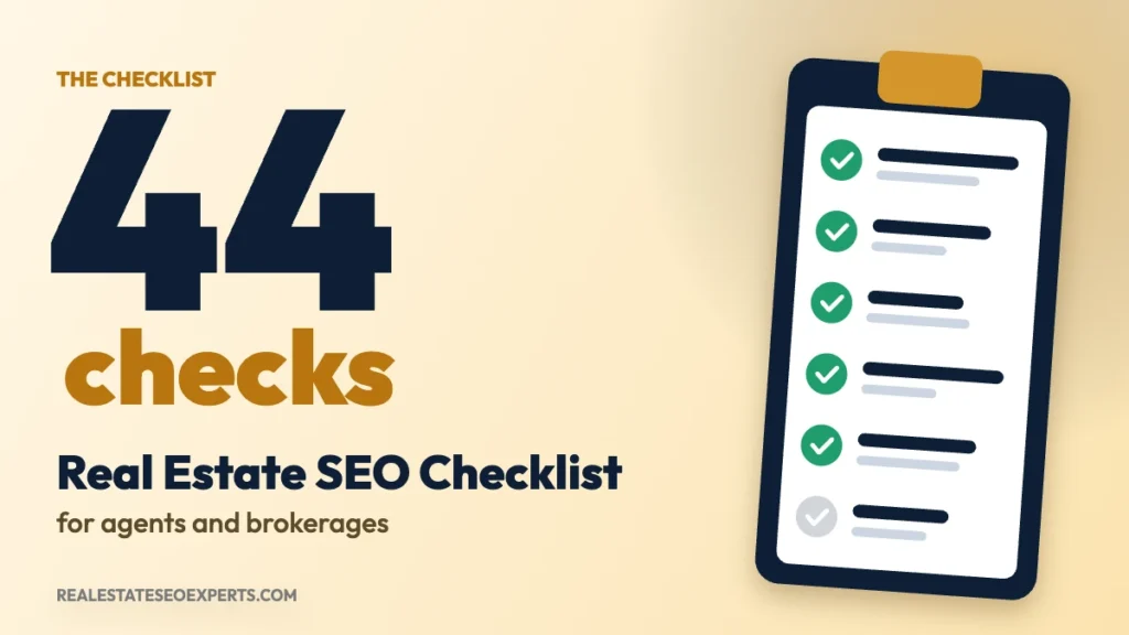 Real estate SEO checklist cover showing 44 checks on a ticked clipboard