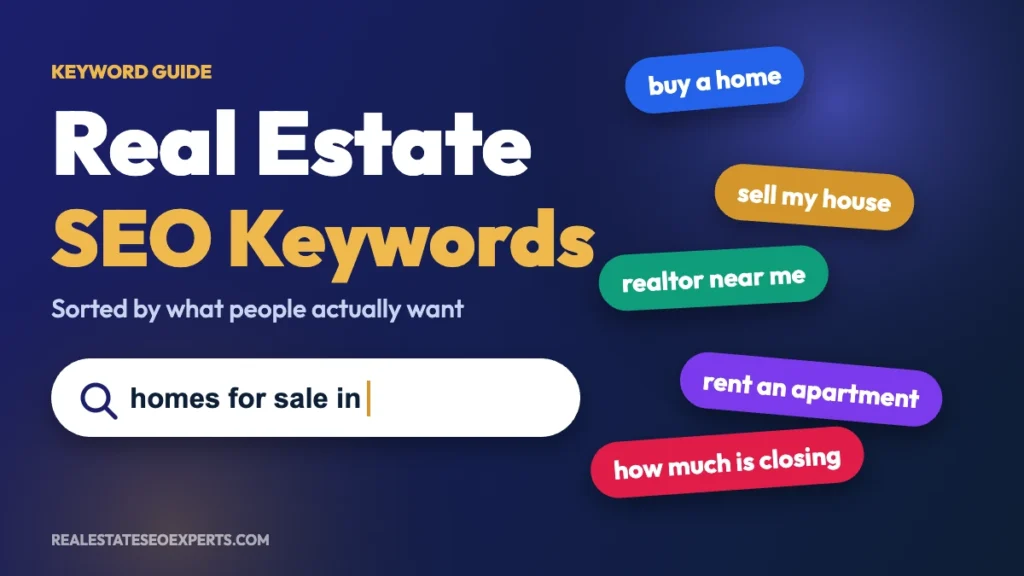 Real estate SEO keywords guide cover with a search bar and keyword chips such as buy a home, sell my house and realtor near me
