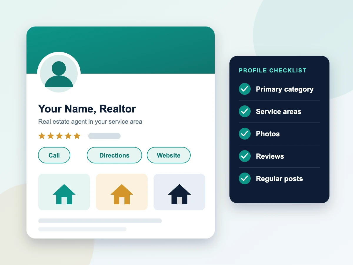 Illustration of an optimized Google Business Profile for a Realtor with a checklist of category, service areas, photos, reviews and posts